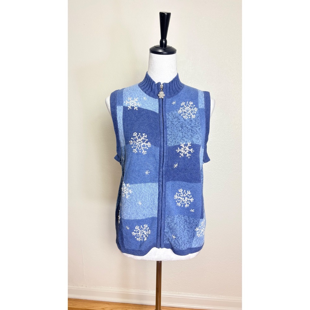 Y2K Christmas Snowflake Embroidered Knit Zip Up Sweater Vest Size Medium Festive